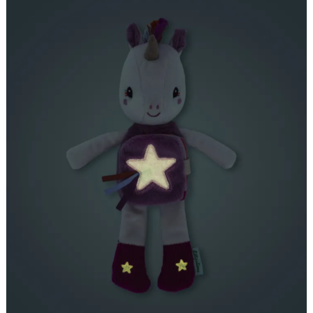 Peluche phosphorescente et livre en tissu Lena la licorne