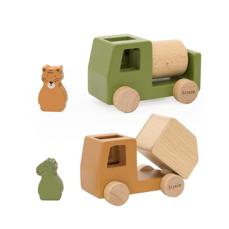Jeu de voitures de chantier animaux en bois
